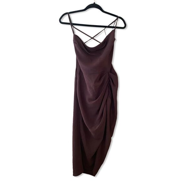 Amanda Uprichard Jasalina Brown Asymmetrical Ruched Midi Dress strappy Revolve L - Picture 4 of 9